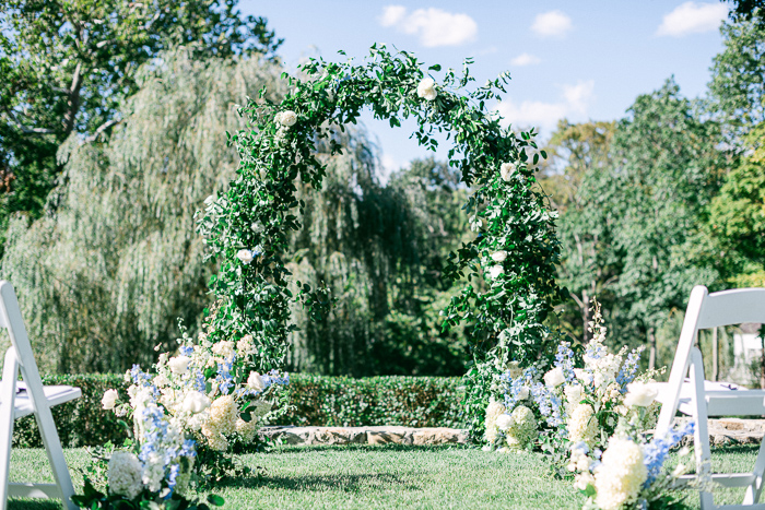 Greenery, Pale Blue and White Outdoor wedding ceremony