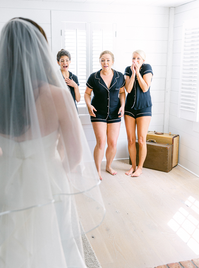Bride reveal after getting ready photos with bridesmaids