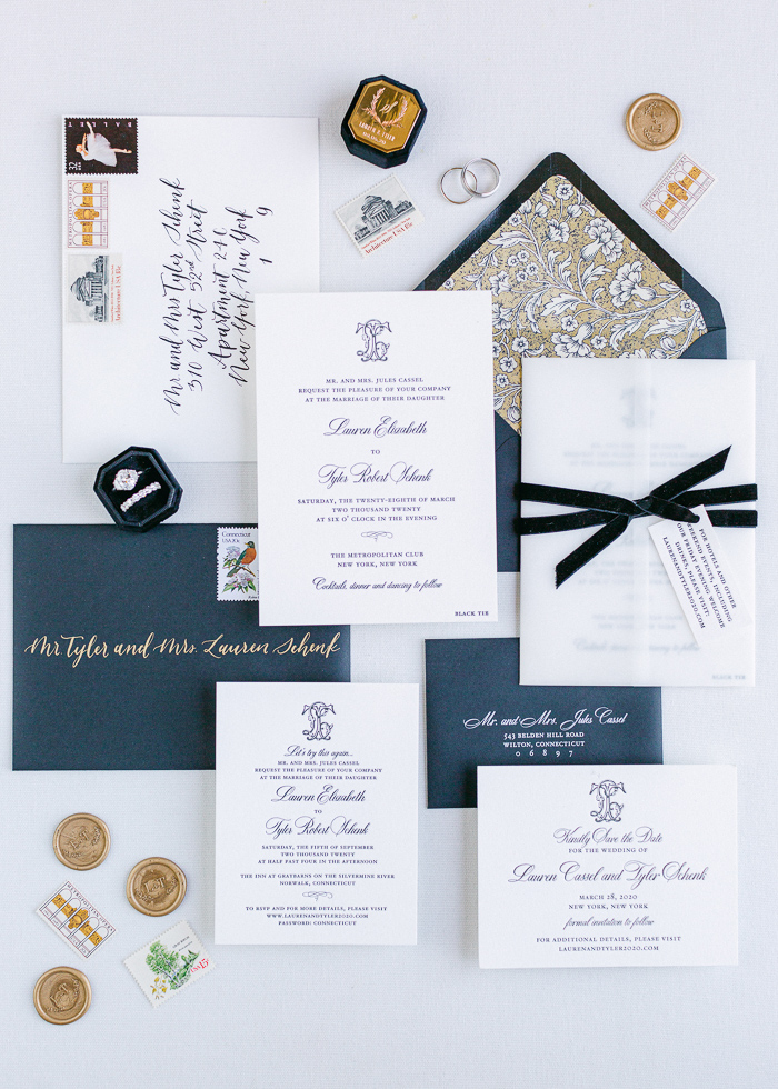 Navy wedding invitations with gold accents