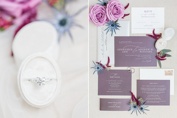 Lilac wedding invitations and stunning wedding detail photos in Upstate New York