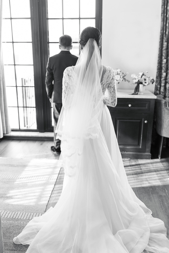 black and white first look wedding photos at NYC hotel