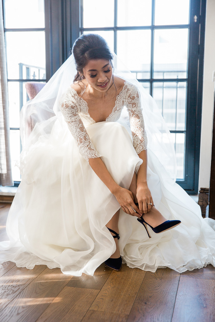 new york city wedding dress getting ready photos with manola blahnik blue shoes