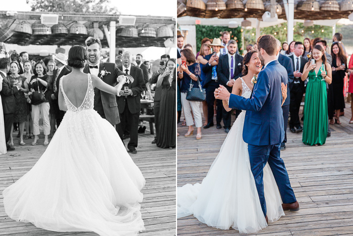 bride and groom first dance outside Montauk wedding venue