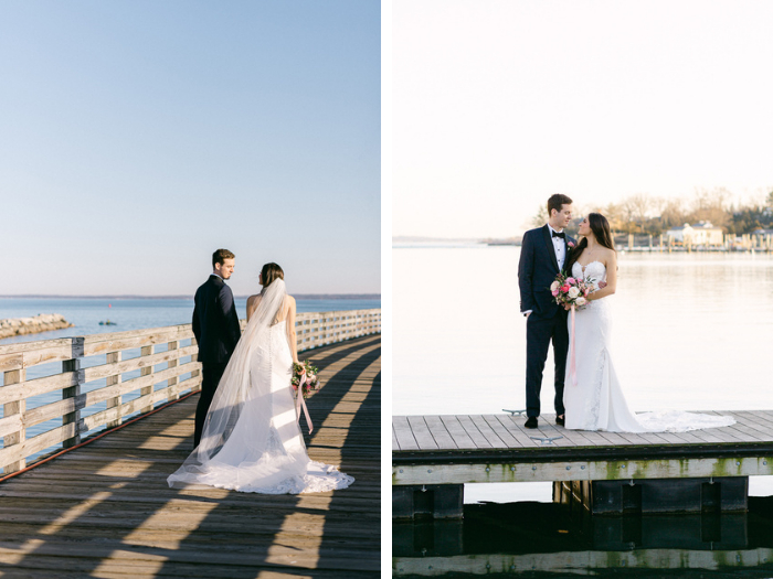 Outdoor spring wedding photos with pink wedding bouquet
