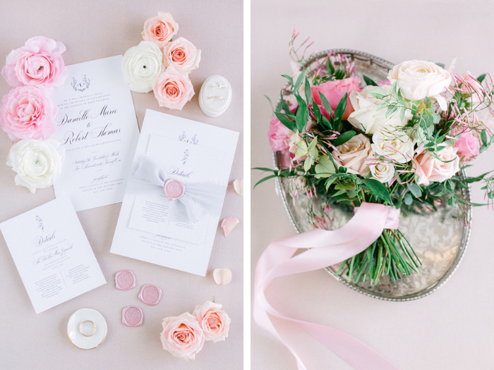 wedding invitations and spring wedding bouquet