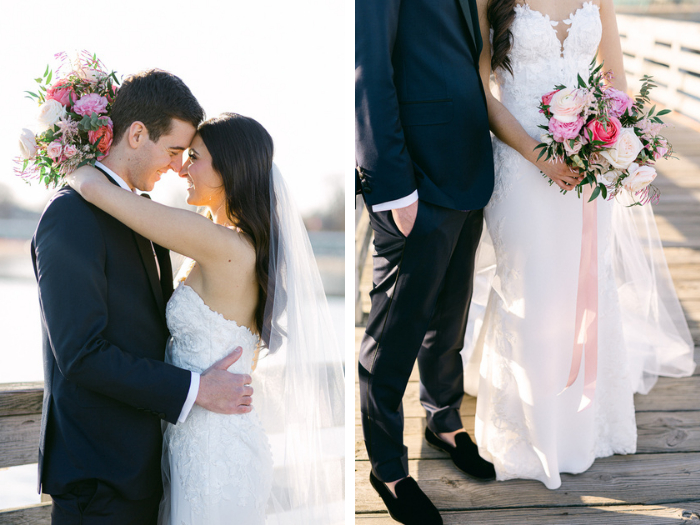 Outdoor spring wedding photos with pink wedding bouquet