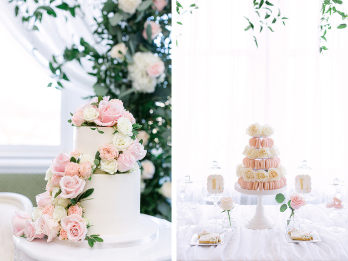 Beautiful dessert table in white and blush for NYC bridal shower