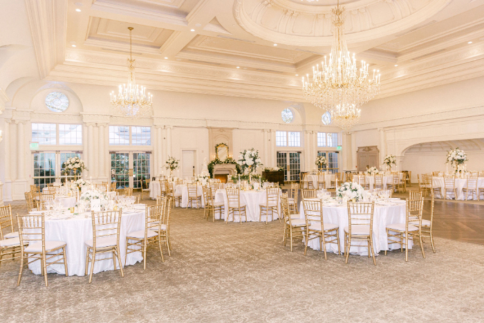 Park Chateau wedding reception with classic white gold green color palette 