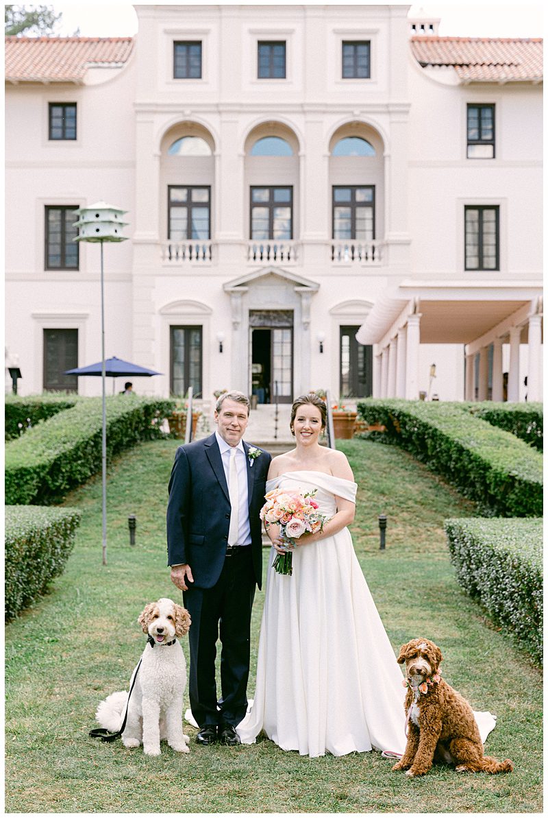 OUTDOOR WEDDING PORTRAITS WITH BRIDE AND GROOMS DOGS