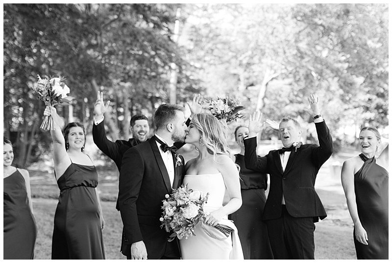 BLACK AND WHITE PHOTO OF BRIDAL PARTY