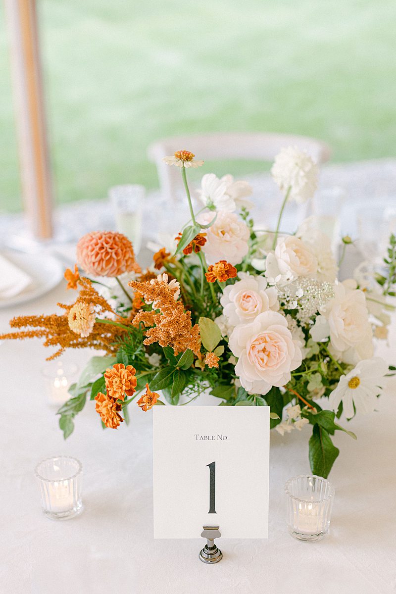 FLORAL ARRANGEMENTS AND TABLE NUMBER AT WEDDING RECEPTION AT INNS OF AURORA