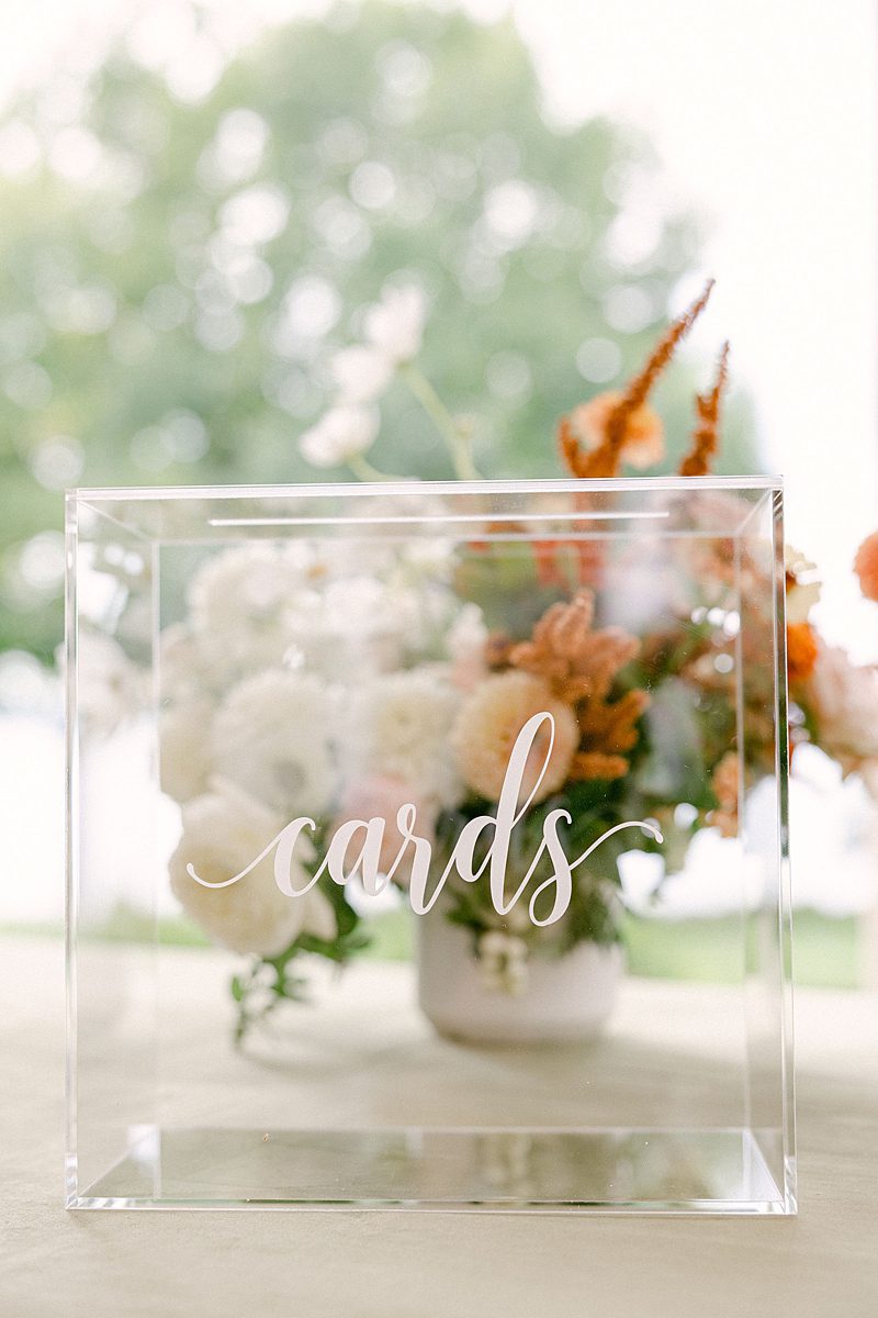 PERSONALIZED CALLIGRAPHY GLASS CARD BOX AT WEDDING RECEPTION AT INNS OF AURORA